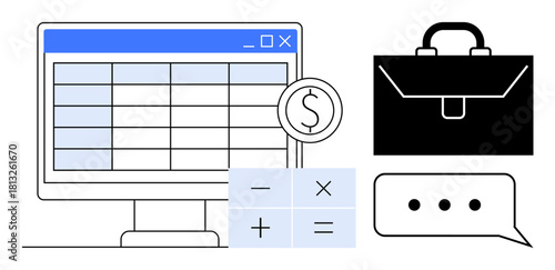 Monitor displaying a spreadsheet, calculator with mathematical symbols, dollar coin, briefcase, and chat bubble. Ideal for business strategy, finance, budgeting, communication analysis planning