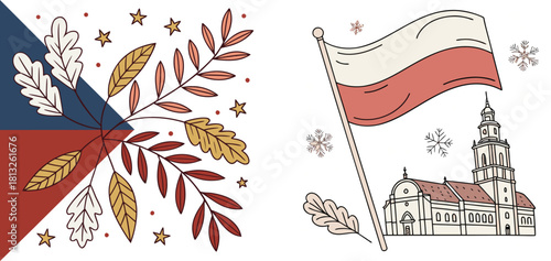 Patriotic Symbols of the Czech Republic and Poland: A collection of patriotic symbols representing the Czech Republic and Poland, each evoking the spirit and heritage of these nations.