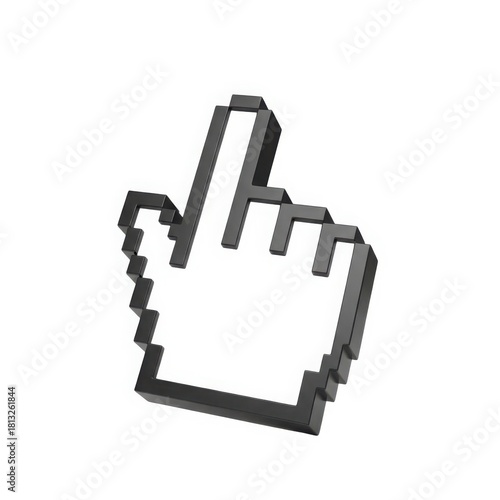A pixelated black hand cursor icon pointing upwards isolated on a clean white background isolated on white background