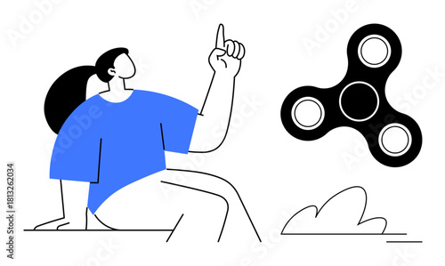 Woman sitting and pointing upward at a floating fidget spinner. Ideal for themes of mindfulness, focus, stress relief, creativity, problem-solving, personal growth, and mental health. Simple flat