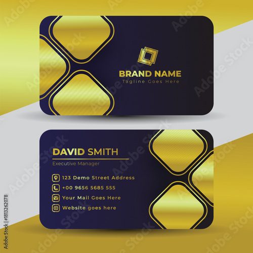 Elegant dark blue and gold business card design with abstract shapes and professional branding elements