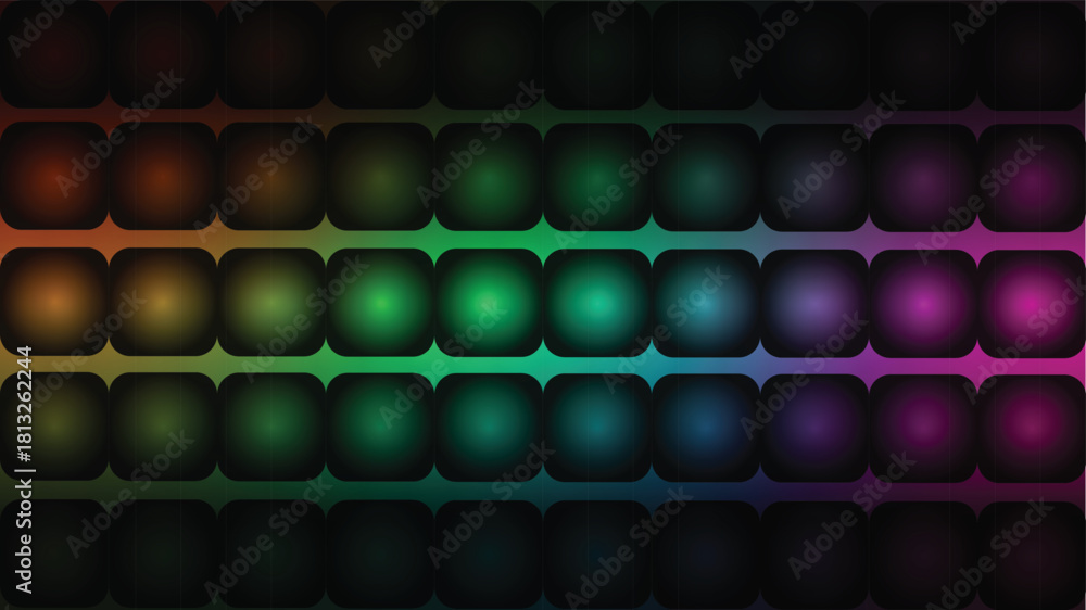 Fototapeta premium Abstract dark background with colorful rounded squares and subtle reflections