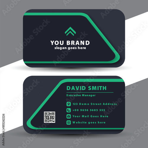 Modern dark business card design with green accents and rounded corners showcasing company logo and contact information