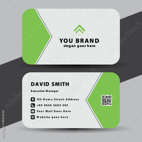 Modern and professional business card design with green accents and qr code for personal branding and networking