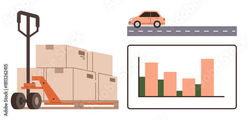 Pallet jack with boxes, car on roadway, and bar chart representing logistics, transportation, data analysis. Ideal for supply chain, delivery, efficiency, benchmarking inventory monitoring