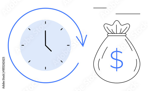 Clock surrounded by an arrow symbolizing efficiency and time, paired with a money bag representing financial savings. Ideal for productivity, time-saving, financial planning, investments, efficiency