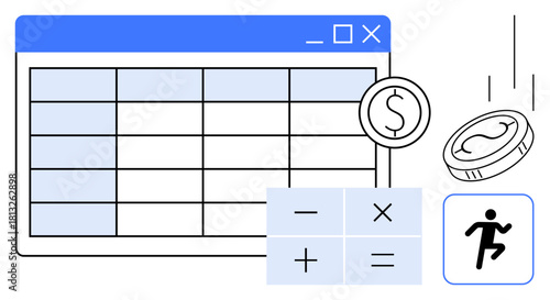 Spreadsheet table interface with falling coins, calculator symbols, and person icon. Ideal for financial planning, budgeting, accounting, data tracking, business analysis, efficiency simple flat