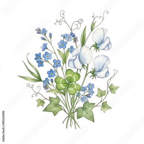 Delicate watercolor painting of a sweet pea and forget me not floral arrangement isolated on white background