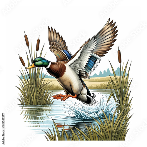 Mallard duck hunting taking off from a calm pond or lake with tall cattails and water splash