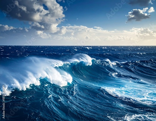 Fototapeta Naklejka Na Ścianę i Meble -  Large ocean wave crashing under a dramatic, cloudy blue sky