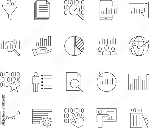 Thin Line Icons Set for Data Analysis, Big Data, and Business Intelligence