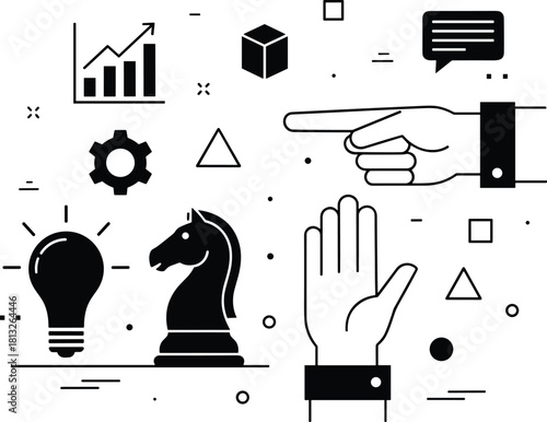 Business Strategy and Decision Making Concept with Lightbulb, Analytics, Chess Knight and Hand Icons