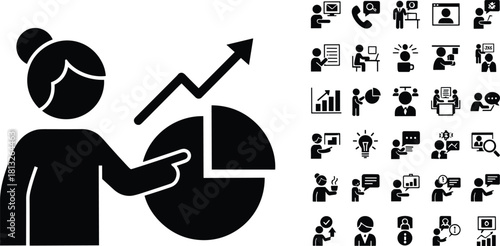 Business Analytics and Communication Icon Set with Presentation, Growth Chart and Office Workflow Symbols