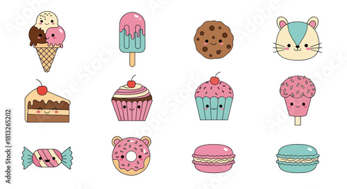 Cartoon desserts and sweets collection isolated on white background