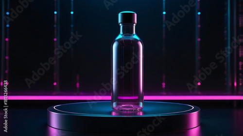Futuristic Transparent Bottle on Neon Glowing Podium