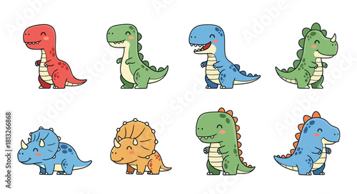 Cartoon dinosaurs set in various colors isolated on white background