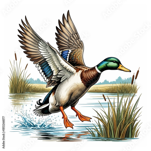 Mallard duck hunting taking off from a calm pond or lake with tall cattails and water splash