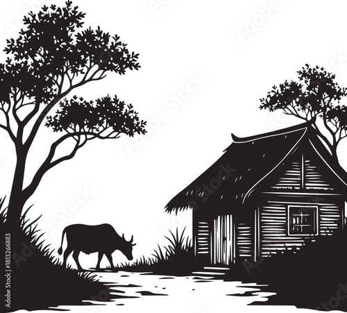 Black silhouette of a cow walking near a thatched roof hut and trees