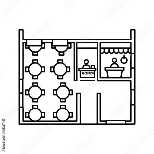 A line art icon showing a floor plan layout of a restaurant or cafe with tables, chairs, and a reception area