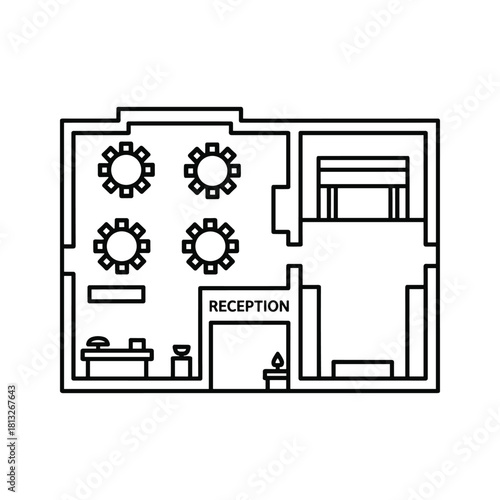 Line art illustration of a floor plan featuring a reception area, a room with round tables, and other spaces