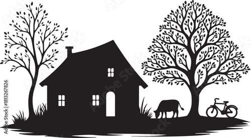 Black silhouette of a house with trees cow and bicycle