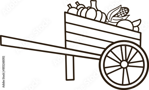 Black line icon of wooden cart with vegetables and fruits