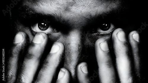 A man covers his face with his hands, revealing only his intense eyes. The black and white style emphasizes the emotion and tension in the scene, creating a striking visual effect.