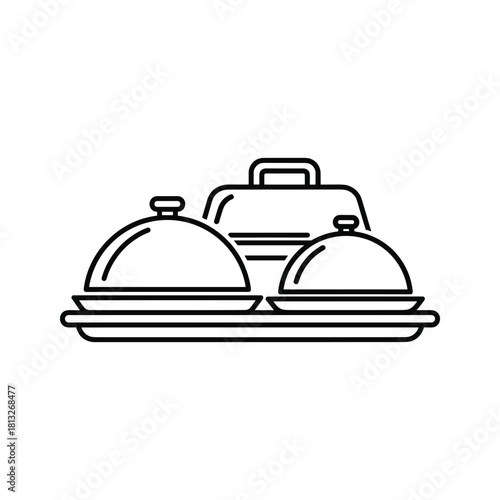 Outline icon of food service delivery with covered dishes and a catering container