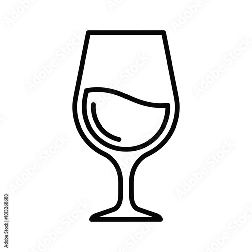 A simple line art icon of a wine glass with liquid inside, representing drinks, celebration, or restaurant services