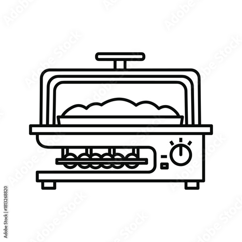 Line art icon of a food warmer with a dish of food, perfect for catering and buffet concepts