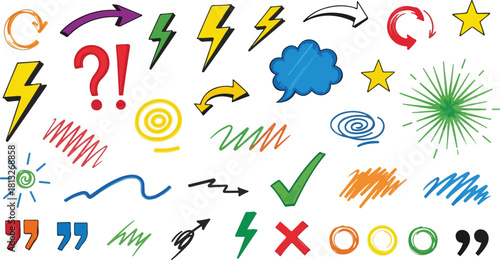 Vector hand-drawn colorful arrows, symbols, check marks, speech bubbles and underline doodles on transparent background. Fun sketch elements for note taking or infographic design