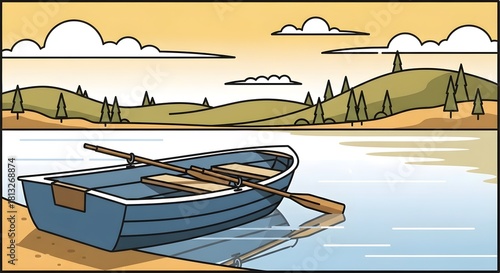 Blue rowboat resting on a calm lake shore with rolling hills