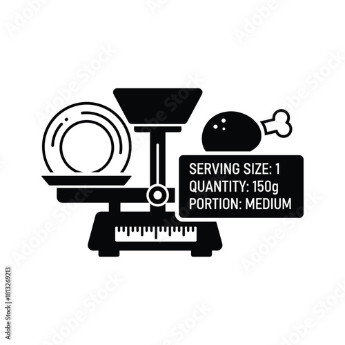 Food scale with a plate, chicken leg, and a label showing serving size, quantity, and medium portion, isolated on