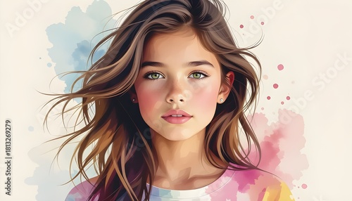 Colorful Portrait of Young Girl with Soft Pastel Watercolor Wash