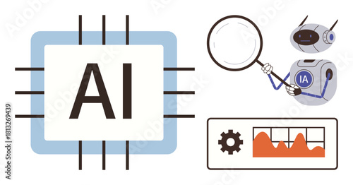 AI chip, robot holding magnifying glass, and data chart with gear symbol. Ideal for technology, innovation, analysis, research, artificial intelligence data science investigation. Simple flat