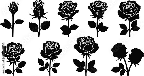 Black rose flower silhouettes set, floral vector collection with buds and blooms, botanical plant icon, tattoo design element, nature illustration isolated.