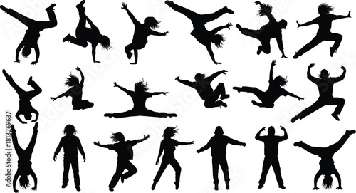 Breakdance silhouettes set, street dancers performing stunts and jumps, hip hop culture vector illustration, urban youth party energetic poses, black figures collection.