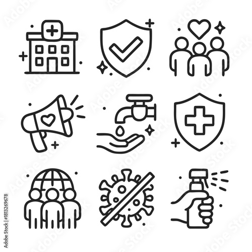 Public health icons symbolize hospital handwashing for community safety. Suitable for health campaigns, educational materials, and medical presentations.