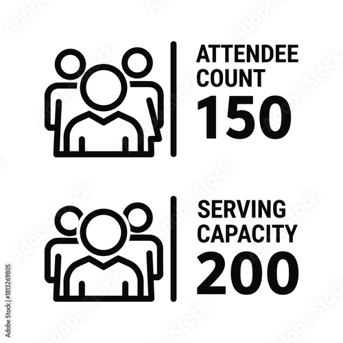 Attendee count 150 and serving capacity 200 icon, isolated on
