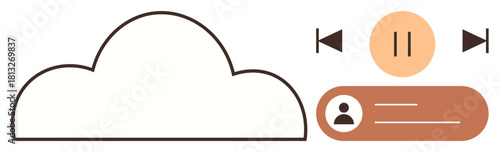 Cloud design with media playback controls and user profile card, emphasizing online media access, cloud storage, and user interaction. Ideal for technology, music, web, data, communication