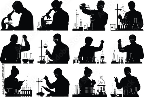 Set of Scientists Working in a Laboratory Silhouette Vector Collection, Showing People Using Microscopes, Mixing Chemicals, Researching, and Conducting Scientific Experiments