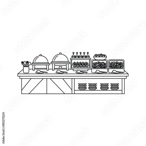 Buffet table setup with chafing dishes, plates, and food items, catering service illustration