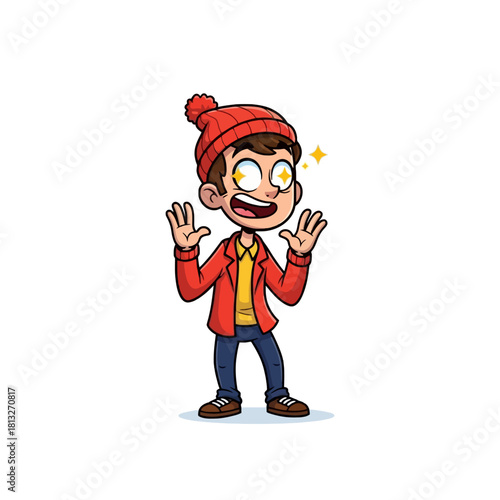 A cartoon illustration of a young boy with wide, sparkling eyes and raised hands, expressing excitement or amazement.