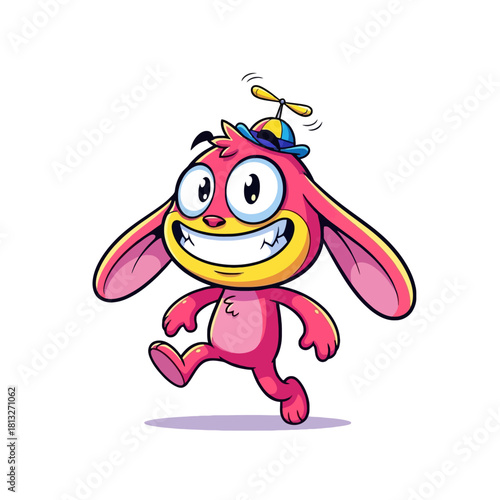 A cheerful pink cartoon rabbit-like creature with big eyes and a wide grin, wearing a propeller hat and walking happily.