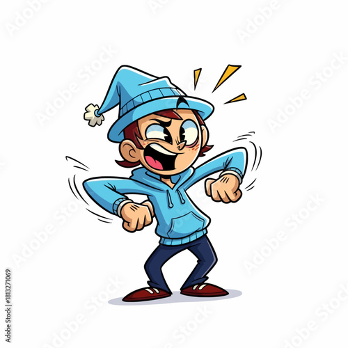 A cartoon boy in a blue hoodie and pointy hat with an excited, energetic expression.