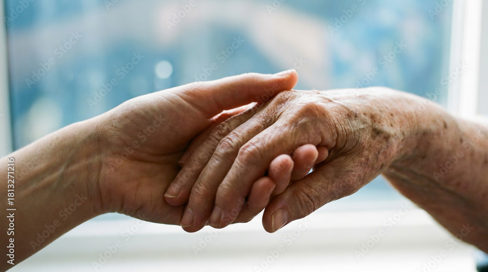 Fototapeta premium Close-up of a young hand gently holding an elderly, wrinkled hand, symbolizing care, support, compassion, and the bond between generations