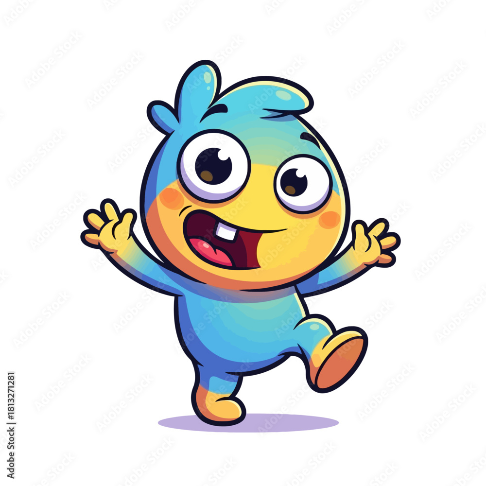 Obraz premium Cartoon character with blue and yellow gradient, smiling with arms raised.