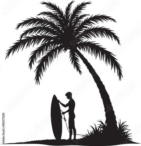 Black silhouette of a surfer with surfboard under a palm tree