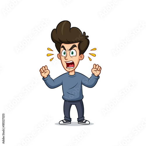 Cartoon illustration of an angry man shouting with clenched fists and a furious expression.