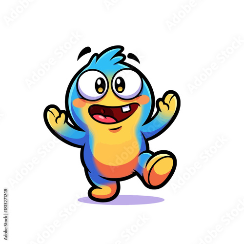 A cheerful, round blue and orange cartoon creature with big eyes and a wide smile, waving happily.